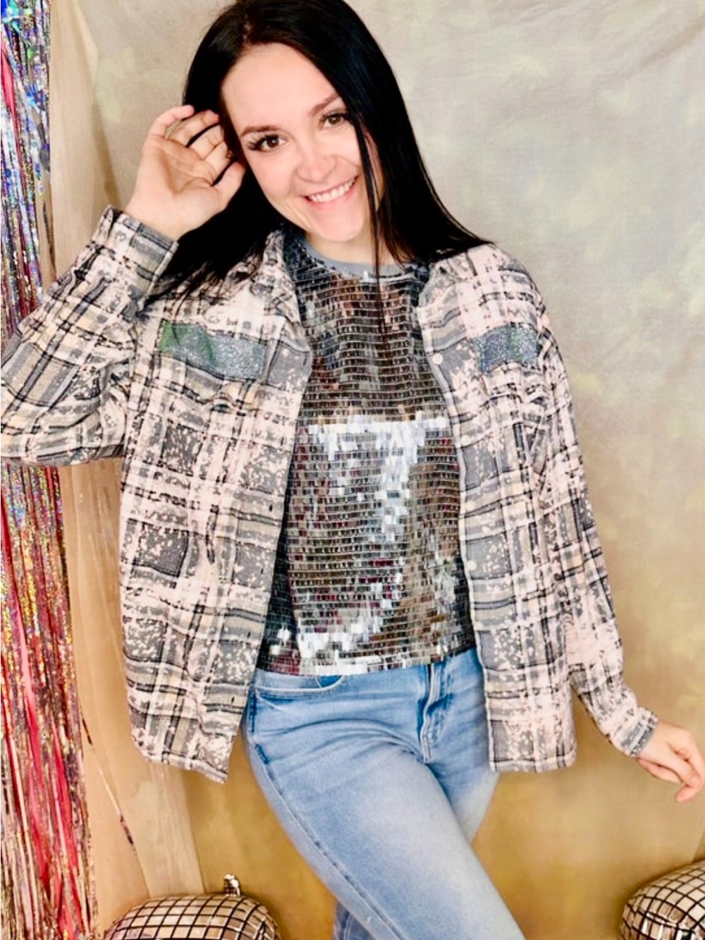 Grey Acid Wash Cowgirl Patch Glam Flannel